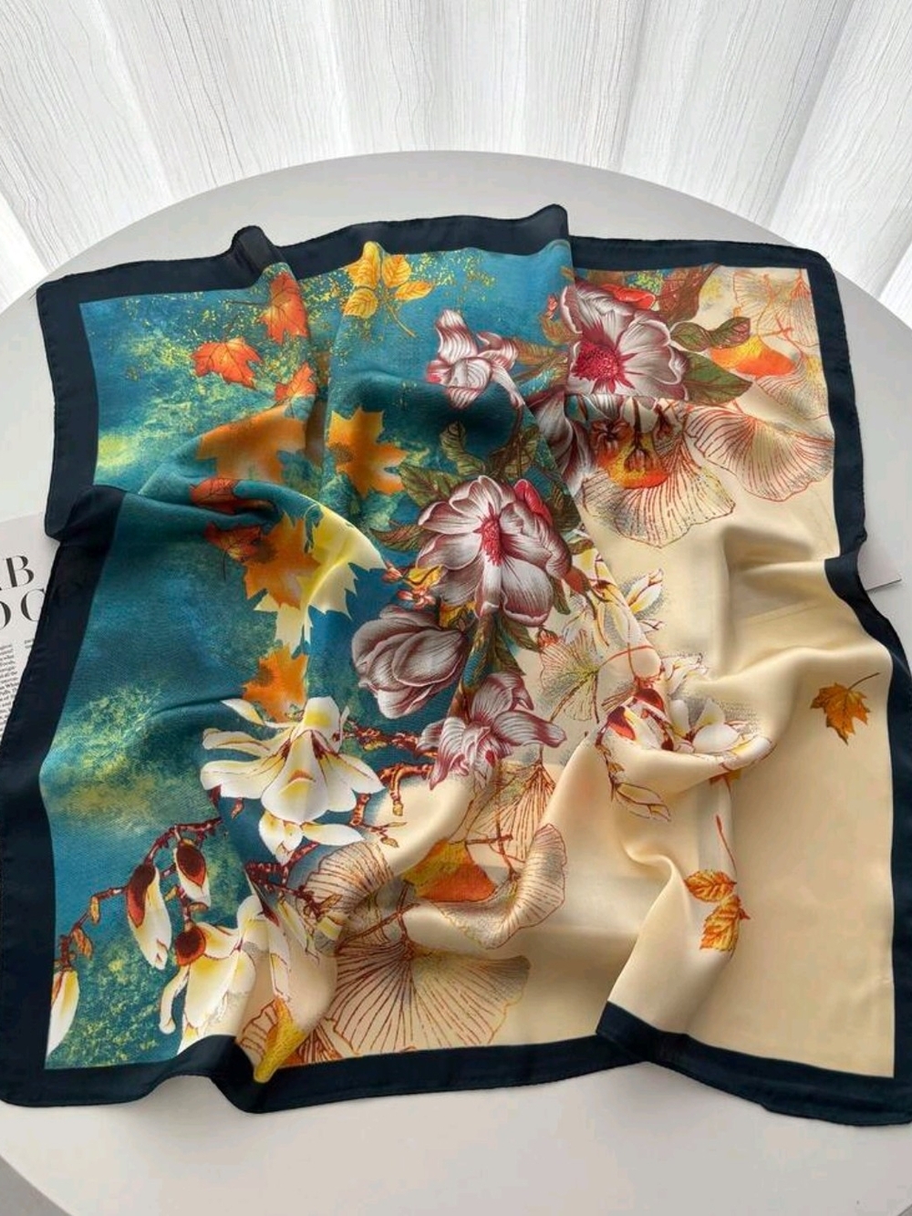 Floral Print Scarf - Teal & Cream 26.8"/26.8"